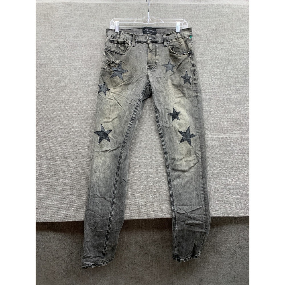 Supply & Demand Skinny Jeans Mens 32W Gray Stars Patch Denim Stretch Low Rise